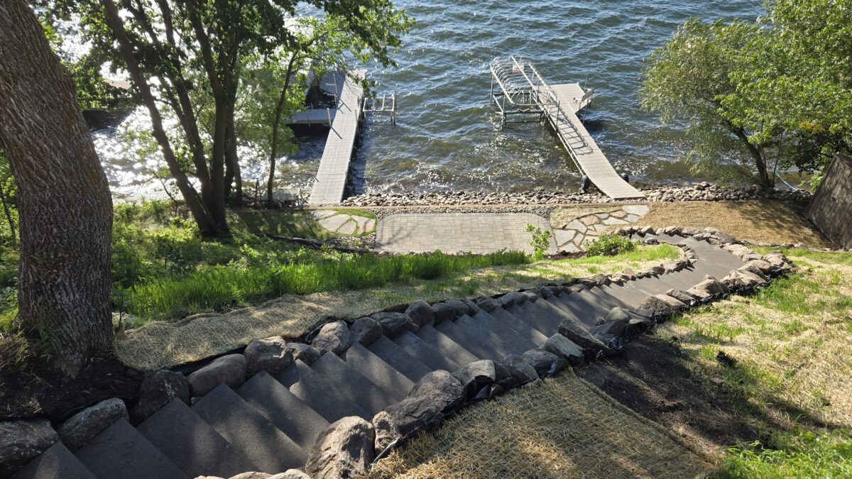 Aerial view of lakeside steps to lake