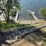Aerial view of lakeside steps to lake