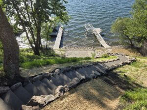 Aerial view of lakeside steps to lake