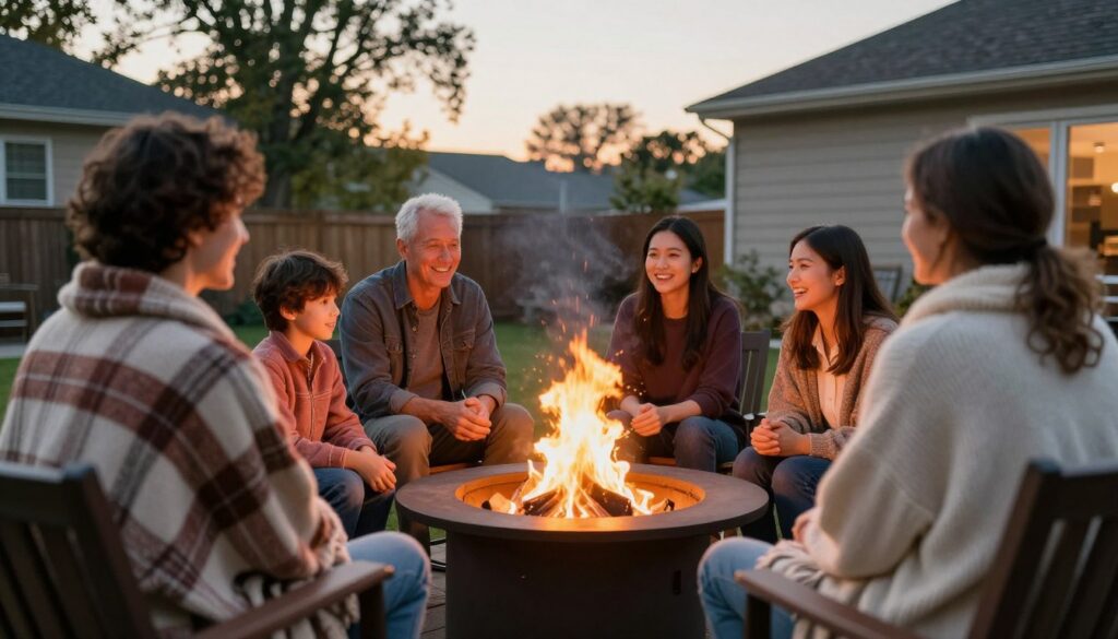 Family gathered around outdoor fire pit enjoying evening in Alexandria MN