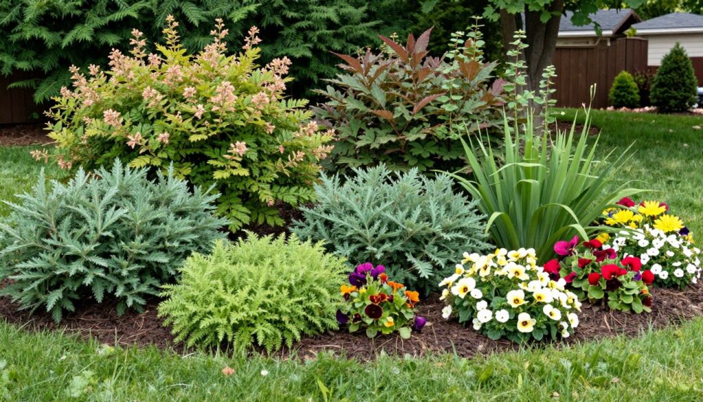 Flowering shrub garden with evergreens and perennials Alexandria landscape Flowering shrub garden with evergreens and perennials Alexandria landscape