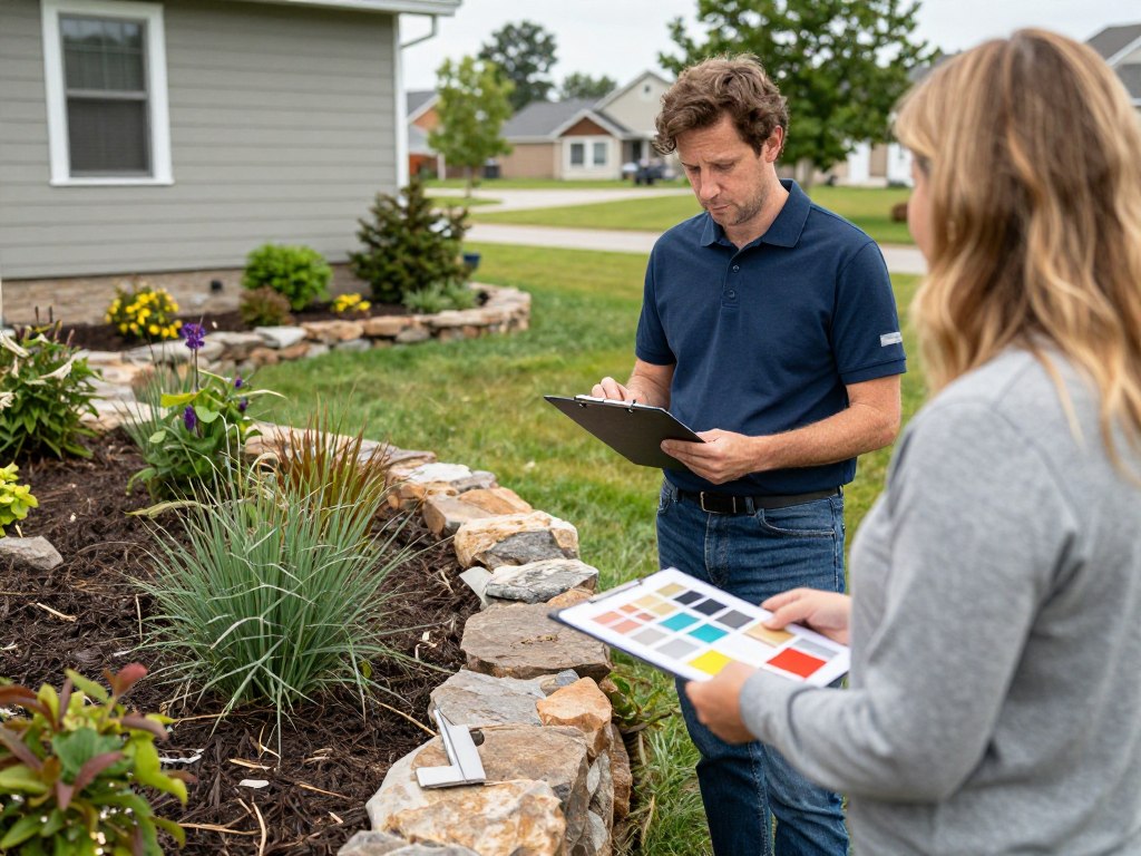 Landscape designer reviewing plans with homeowner Landscape designer reviewing plans with homeowner