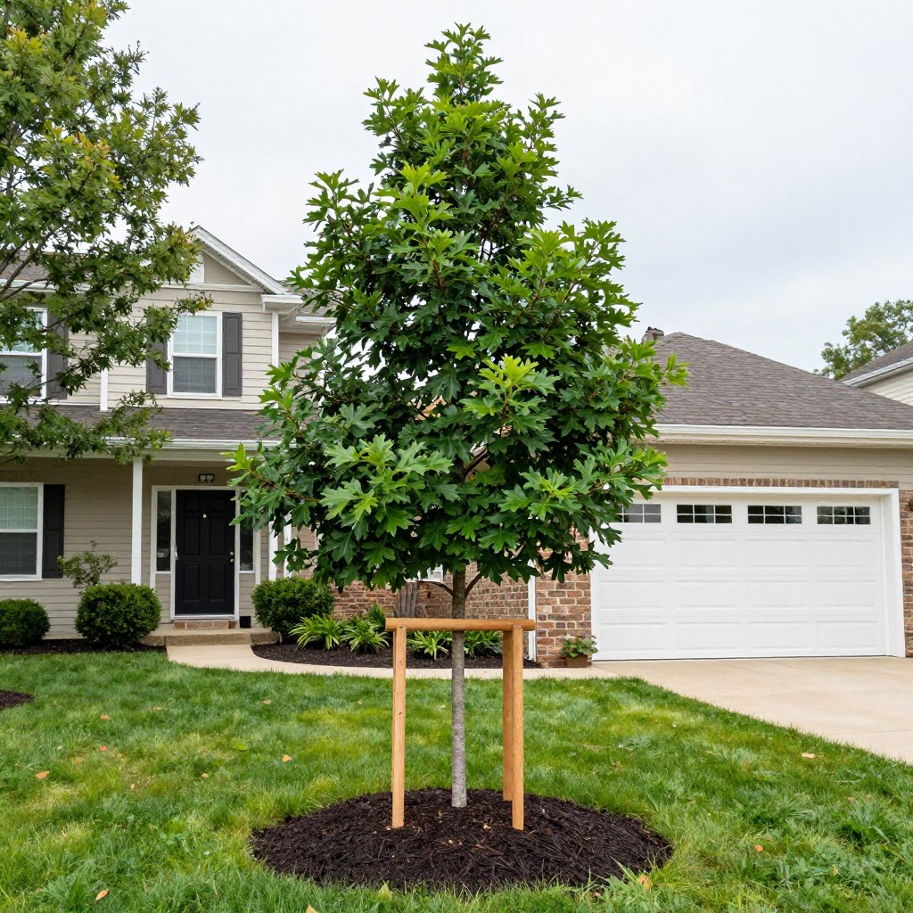 Oak tree establishing in Alexandria Minnesota residential landscape Oak tree establishing in Alexandria Minnesota residential landscape