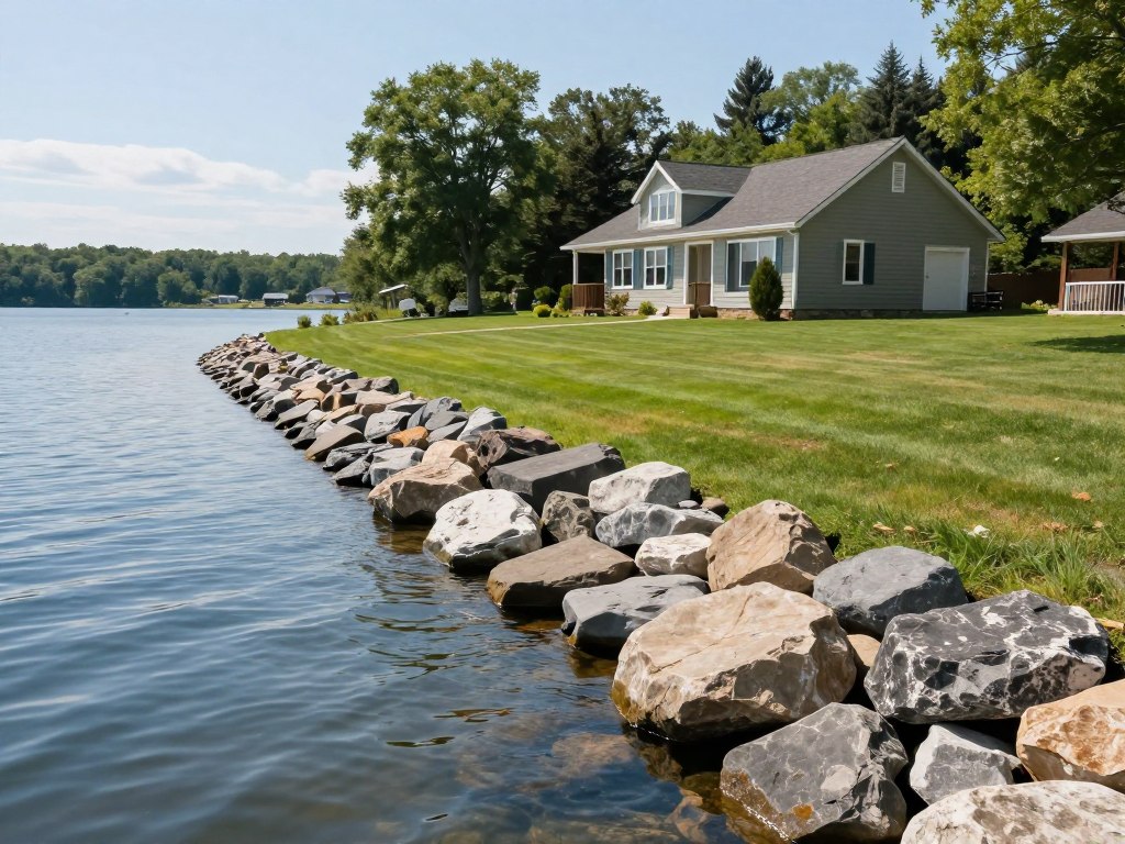 Professional shoreline rip rap installation protecting lakefront property Professional shoreline rip rap installation protecting lakefront property