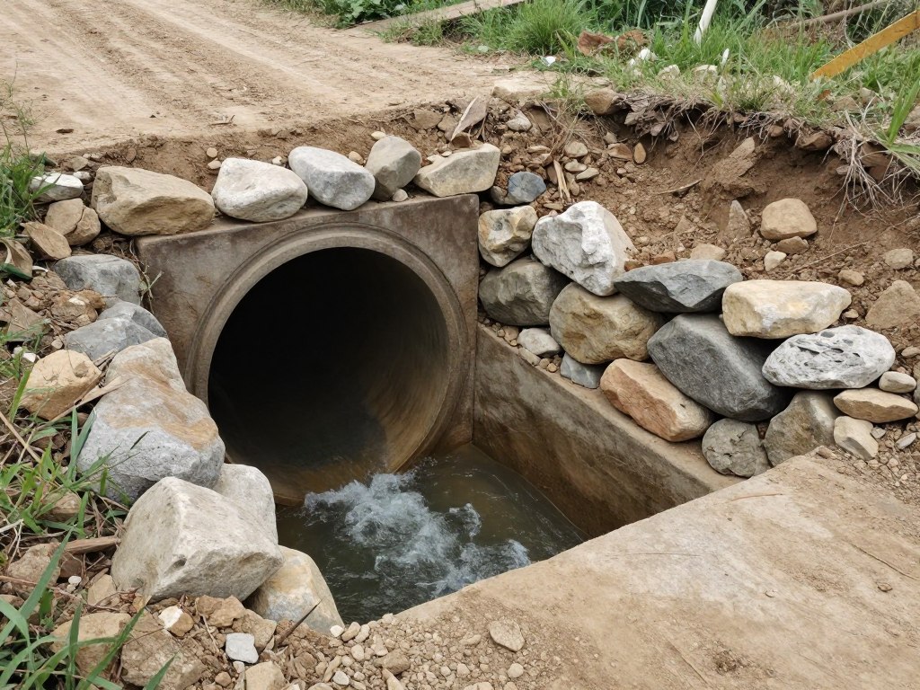 Rip rap installation around drainage culvert preventing washout Rip rap installation around drainage culvert preventing washout