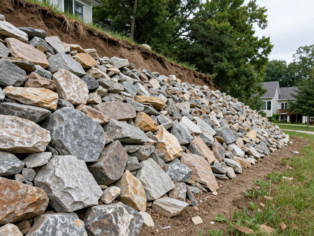 Rip rap stabilizing steep slope and embankment Rip rap stabilizing steep slope and embankment